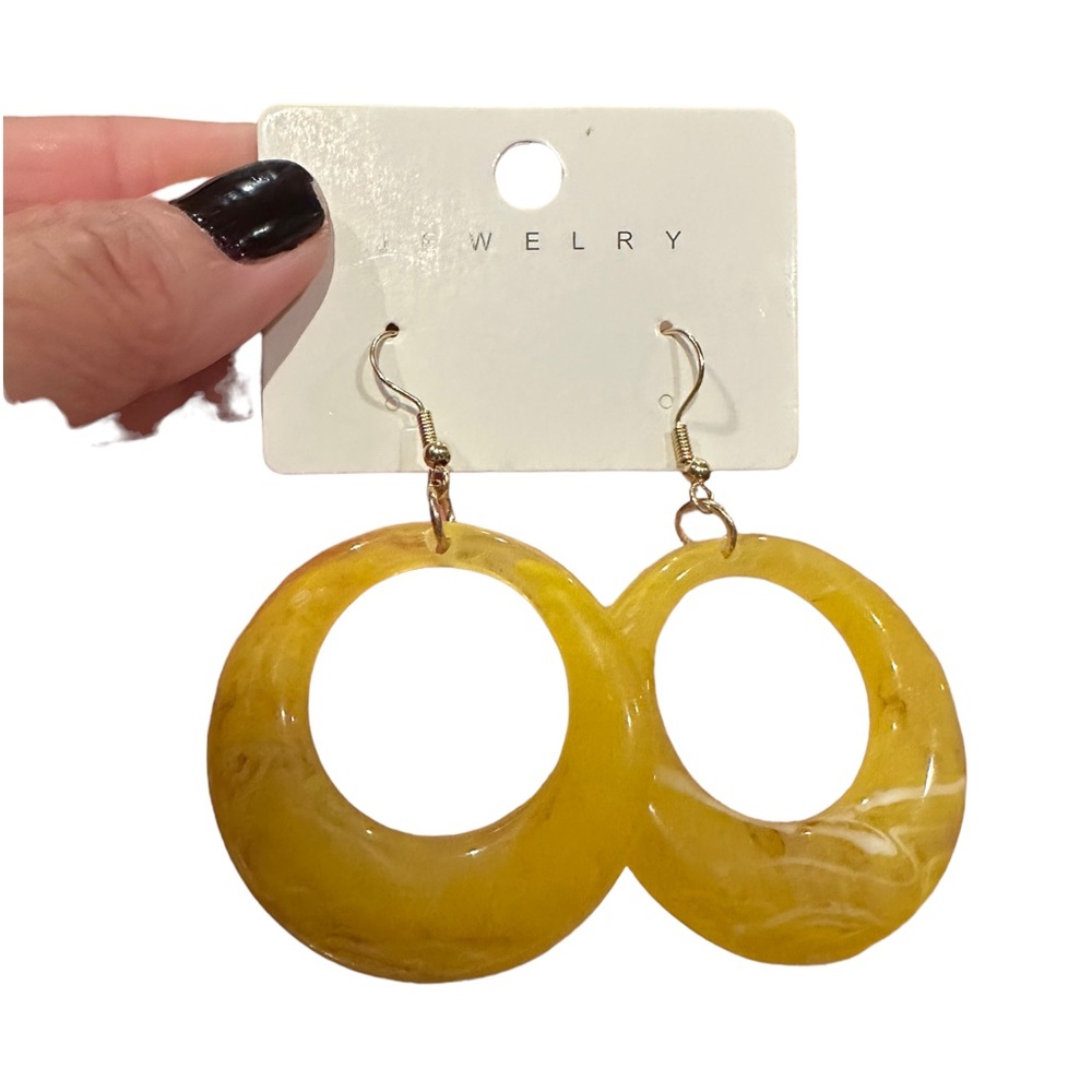 Marbled Yellow and White Resin Hoop Drop Earrings
